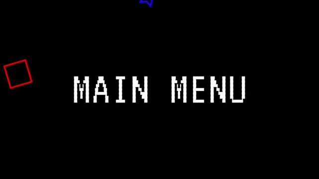 A vintage pixelated main menu features abstract geometric shapes moving across the screen. Retro arcade game with text animated in 4K video.