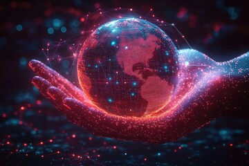 luminous hand cradling a glowing holographic globe with network nodes and neon particles, conveying futuristic wonder and protective connectivity