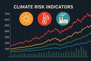 Climate risk indicators showing rising trends for temperature, sun, and industry, global warming.