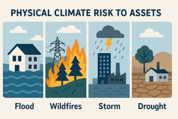 Obraz premium Physical climate risks to assets: flood, wildfire, storm, drought impacts climate risk.