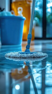 Close-up of a microfiber mop head gliding across a glossy wet floor with clear reflections, a blue bucket and amber cleaning bottle blurred in the background conveying fresh calm and cleanliness
