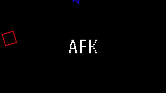 Pixelated 'AFK' text with bouncing blue star and red square on a black screen. Retro arcade game with text animated in 4K video.