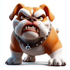 Naklejka premium angry cartoon bulldog snarling with spiked leather collar, fierce determined expression and stocky stance on white background