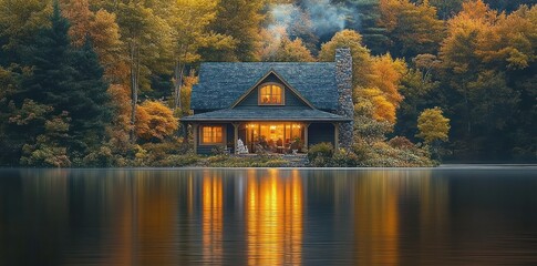 Fototapeta premium Cozy lakeside cottage with glowing windows and chimney smoke nestled among golden autumn trees, reflected in calm glassy water and radiating warmth and peaceful solitude