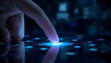 Finger pressing glowing plus symbol on futuristic digital interface