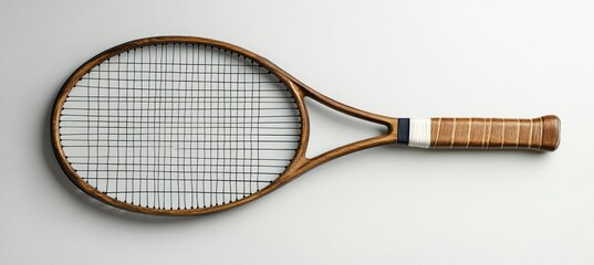 Vintage wooden tennis racket with leather-wrapped handle and white tape, black strings on a clean white background, evoking nostalgic classic sporting elegance