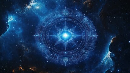 Obraz premium Glowing celestial compass mandala and intricate sigil floating in a blue nebula starfield, evoking awe, mystery and cosmic wonder