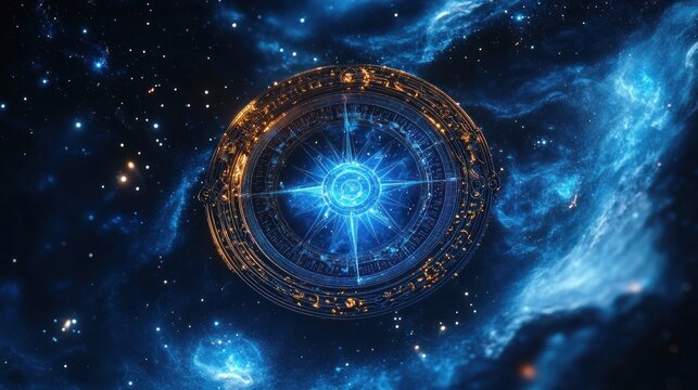 glowing ornate circular astrolabe with a radiant blue compass rose floating in a golden ring amid a vast starry nebula, evoking mystery and awe