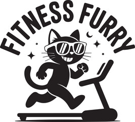 Fitness furry vector art illustration of cat running on treadmill design template