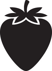 Flat Strawberry Vector Silhouette Icon &ndash; Minimal Black Berry with Leaf on White Background