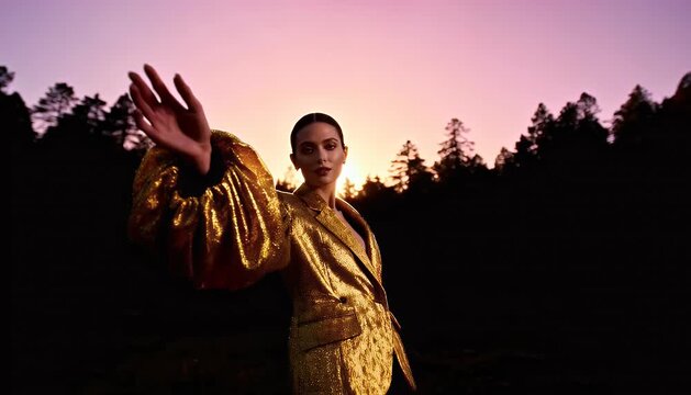 Woman posing outdoors at sunset golden jacket silhouette trees