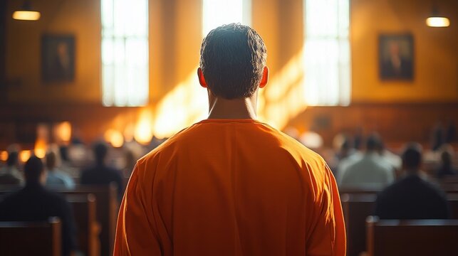 man in an orange jumpsuit standing in a sunlit courtroom from the back, facing a seated audience with a solemn, tense, introspective mood