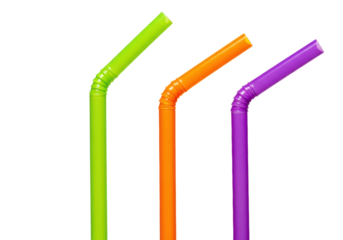 Macro close-up of three glossy, sharply angled neon lime green, electric orange, and ultraviolet purple plastic drinking straws, side-by-side on infinite white background, cheerful party supplies