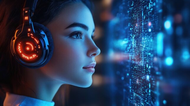 Profile of a person wearing glowing futuristic headphones beside a wall of blue digital data streams, immersive and contemplative mood