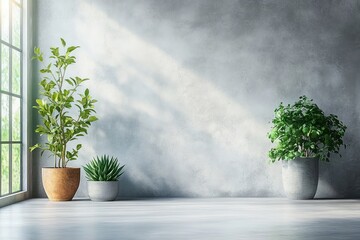 Sunlit minimalist interior with three potted plants by a large window, textured gray wall and a calm, serene atmosphere