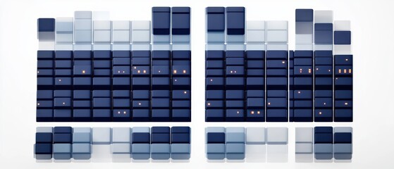 paired clusters of stacked glossy navy and translucent rectangular tiles arranged in a precise grid with small amber indicator lights, minimalist futuristic calm digital aesthetic