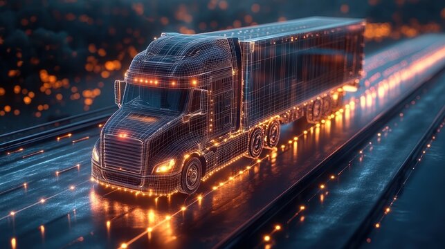 futuristic illuminated wireframe semi truck and trailer driving on a wet reflective highway at night with glowing orange nodes and motion blur conveying speed and high-tech energy - Powered by Adobe