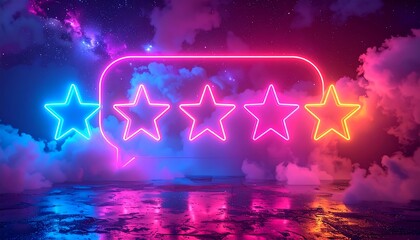 Neon review speech bubble with glowing stars amidst surreal clouds