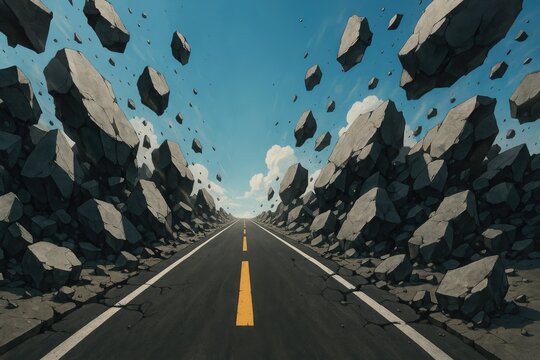 Skyfall rocks above cracked road, highway danger, travel hazard, apocalyptic journey falling rocks.