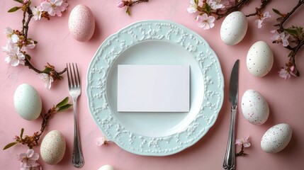 Elegant spring table setting with ornate white plate and blank card, silver fork and knife, pastel speckled eggs and cherry blossoms on soft pink background, serene joyful mood