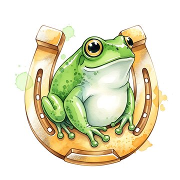 green frog sitting on horseshoe