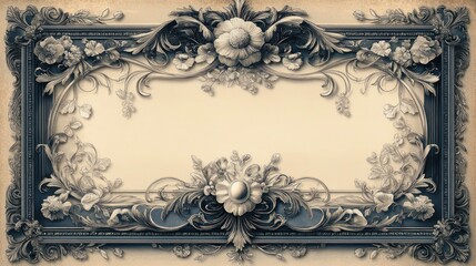ornate vintage floral baroque frame with scrollwork, leaves, filigree and blank parchment center, symmetrical decorative border conveying elegant nostalgic mood