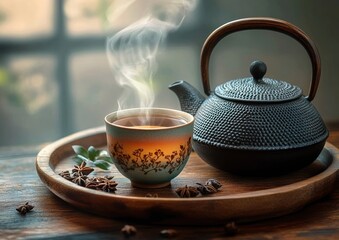steaming ceramic teacup with floral design on a wooden tray beside a textured cast-iron teapot and star anise, soft window light creating a cozy, calming morning scene