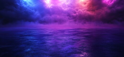 Misty purple and blue ocean at dusk with reflective rippled water under dramatic colorful storm clouds, evoking a mysterious and ethereal mood
