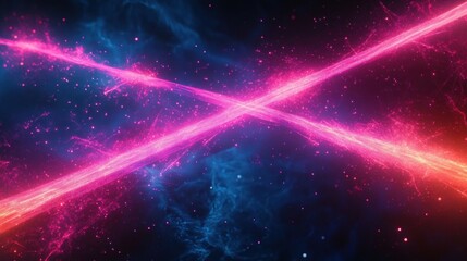 crossing neon pink energy beams colliding above a blue cosmic nebula with sparks, glowing particles and dramatic electric motion, intense futuristic tension