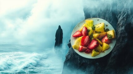 hooded cloaked figure on a misty cliff beside a plate of strawberries and pineapple in a surreal, eerie and solitary seascape