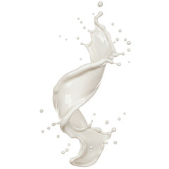 Fototapeta premium Dynamic 3D splash of thick, opaque white viscous liquid in a twisting spiral with suspended droplets, isolated on a transparent studio background with copy space. Concept for luxury cosmetic