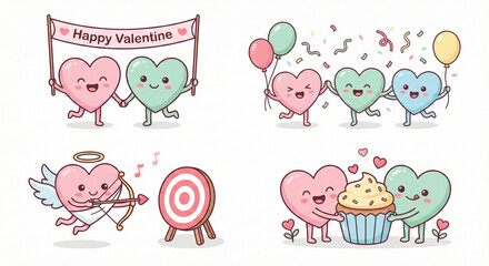 Adorable heart characters celebrating Valentine's Day with love
