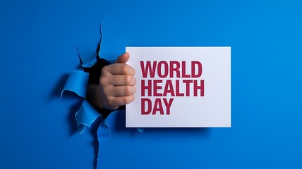 World health day message with hand breaking blue paper
