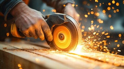 Close-up of gloved hands operating a spinning angle grinder on a wooden beam, bright orange sparks flying, intense focused energy and gritty industrial craftsmanship
