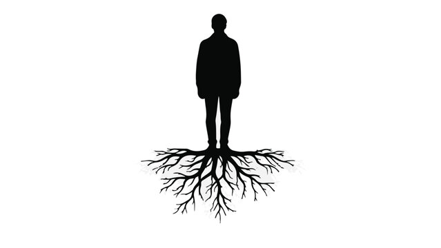 Silhouette of a person standing with strong roots extending from their feet, symbolizing connection and stability.