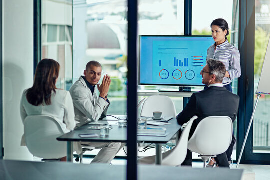 Speaker, screen and meeting with business woman in office for planning, stakeholder pitch or review. Investor profit chart, discussion and presentation with employee in agency for project analysis