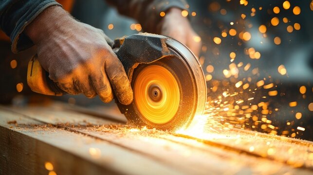 Close-up of gloved hands operating a spinning angle grinder on a wooden beam, bright orange sparks flying, intense focused energy and gritty industrial craftsmanship - Powered by Adobe