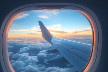 view from airplane window showing wing above a sea of fluffy clouds at sunrise with warm golden light and a serene peaceful sky