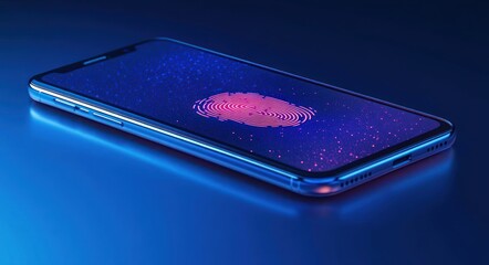 sleek blue smartphone on reflective surface displaying glowing pink fingerprint icon on starry screen, evoking futuristic digital security and calm confidence