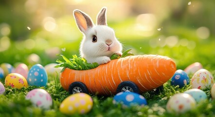Adorable white bunny sitting in a carrot-shaped toy car with wheels among colorful decorated eggs on sunlit grass, playful cheerful spring scene