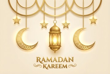 Ramadan Kareem Greeting Background with 3D Golden Lantern, Crescent Moons, and Hanging Stars