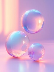 three iridescent glass-like bubbles with inner sparkles on a pastel pink and lavender surface, glowing soft and dreamy atmosphere