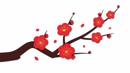 Vibrant red plum blossoms adorning a bare branch, symbolizing spring's arrival and renewal, captured in a clean, illustrative style