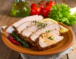 Sliced, cooked meat on a plate with fresh vegetables and condiments