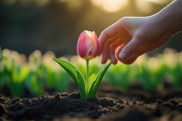 gentle hand reaching to touch a single pink tulip growing from dark soil in a sunlit field with green leaves and warm bokeh, evoking tenderness and peaceful care