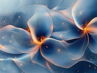 Ethereal translucent blue petals with golden glowing centers and drifting sparkling particles, soft flowing fabric-like floral forms conveying calm wonder