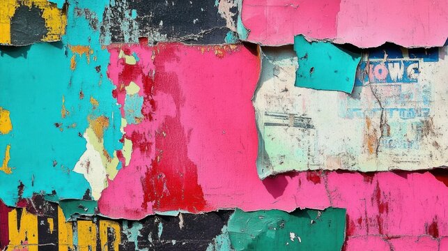 Vibrant torn posters and peeling paint layered on a weathered wall, bold teal, pink, yellow and black textures conveying energetic urban decay and nostalgic grit
