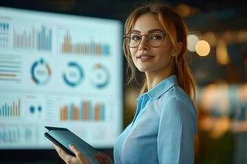 Professional with tablet reviewing colorful charts and graphs on large screen in modern office, focused and analytical