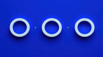 Three white textured circular rings with dotted blue centers on a vivid blue background, minimal symmetrical composition conveying calm futuristic precision