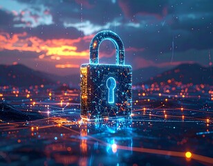 Neon padlock glows over a digital cityscape, under a colorful dusk sky